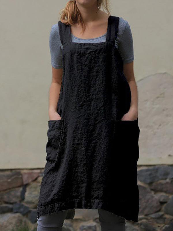 Womens Cotton Linen Loose Apron Pinafore Dress Square Neck Plus Size