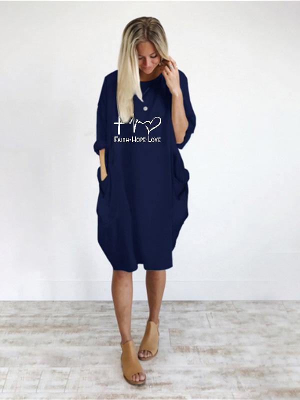 Women's Casual Cotton Letter Prints Tee "FAITH HOPE LOVE" Dress Loose Midi Dress Plus Size - CHALIER