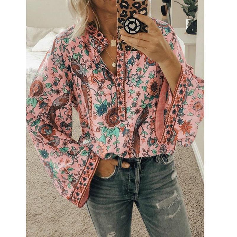 Women Floral Printed Long Sleeve Blouse - CHALIER