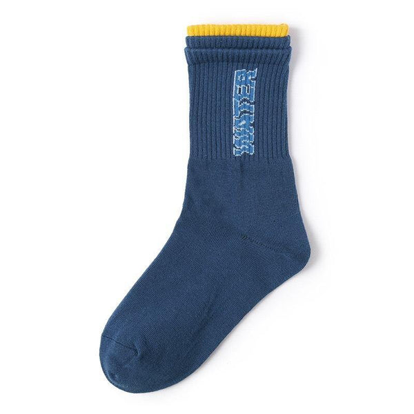 Chalier Men Casual Crew Cotton Cartoon Socks Soft Dark Blue Socks with Letters - CHALIER