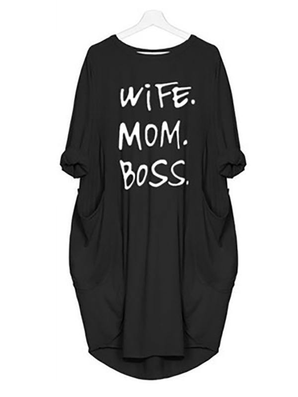 Women's Casual Cotton Letter Prints Loose Tee Dress Pocket Midi Dress Plus Size - CHALIER