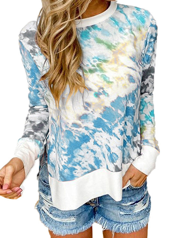 Women's Tie-Dye Floral Prints Long Sleeve T-Shirt Round-Neck