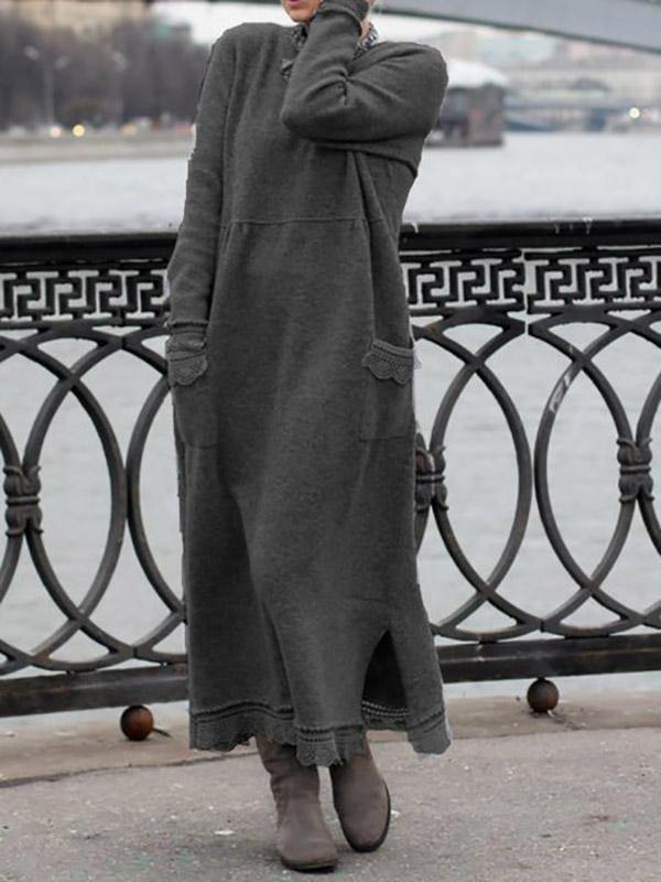 Women's Casual Loose Long Sleeve Plain Maxi Dress Plus Size - CHALIER