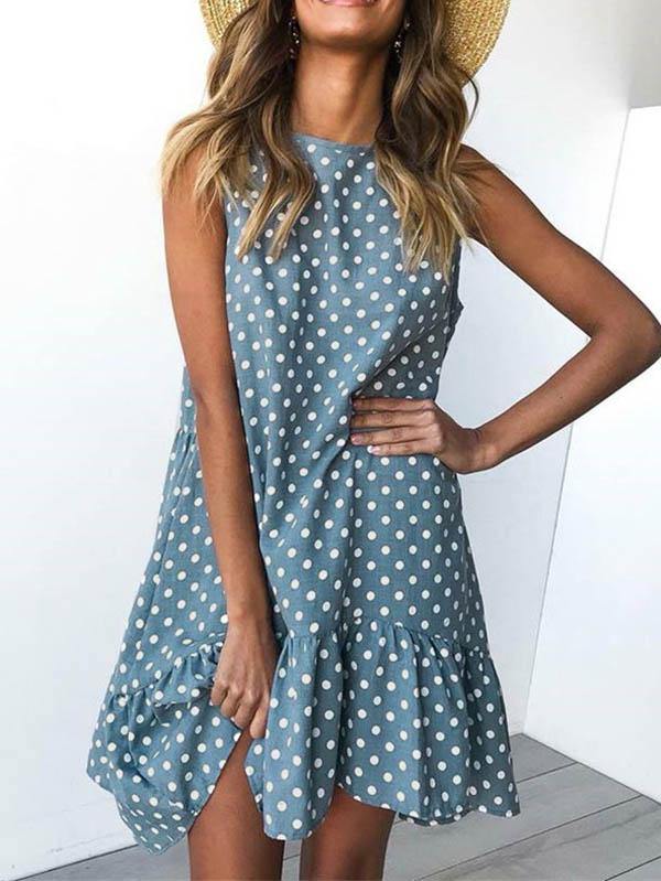 Women's Polka Dot Sleeveless Loose Flounced Dress Holiday - CHALIER