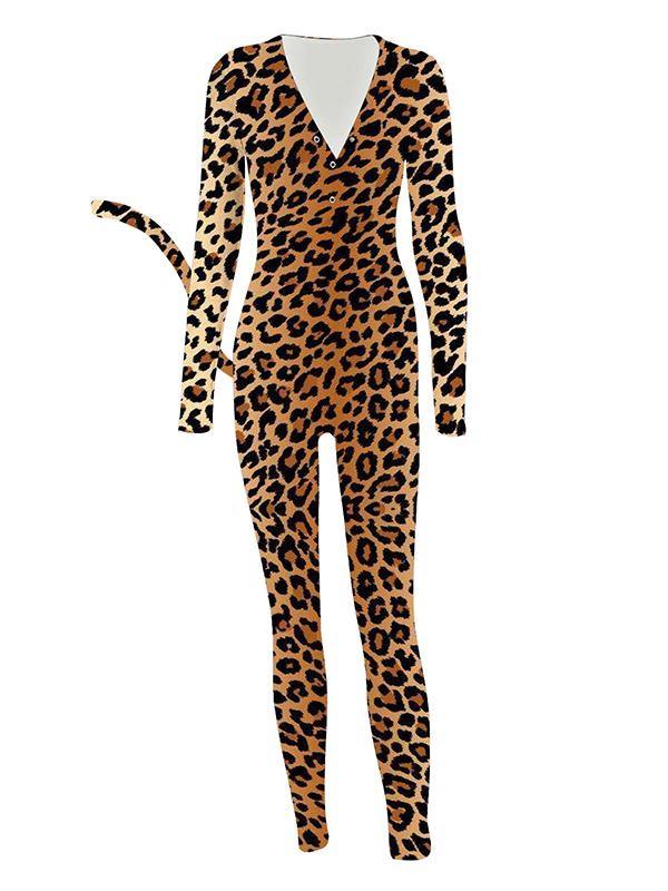 Women's Sexy V-neck Animal PrintS Long-sleeved Tail Jumpsuits - CHALIER