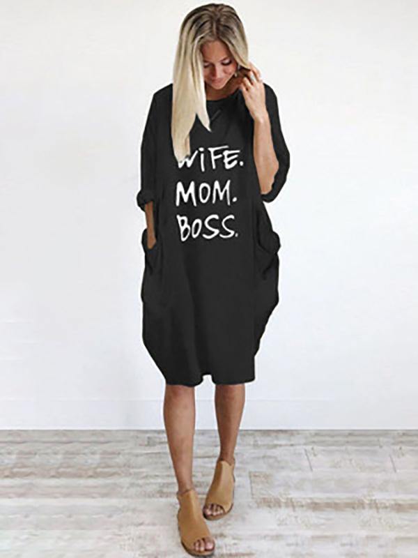 Women's Casual Cotton Letter Prints Loose Tee Dress Pocket Midi Dress Plus Size - CHALIER
