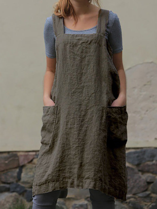 Womens Cotton Linen Loose Apron Pinafore Dress Square Neck Plus Size