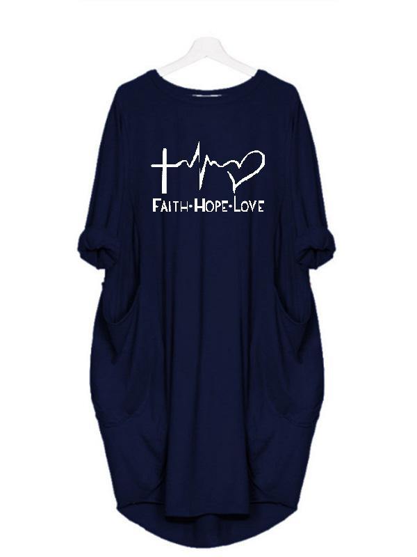 Women's Casual Cotton Letter Prints Tee "FAITH HOPE LOVE" Dress Loose Midi Dress Plus Size - CHALIER