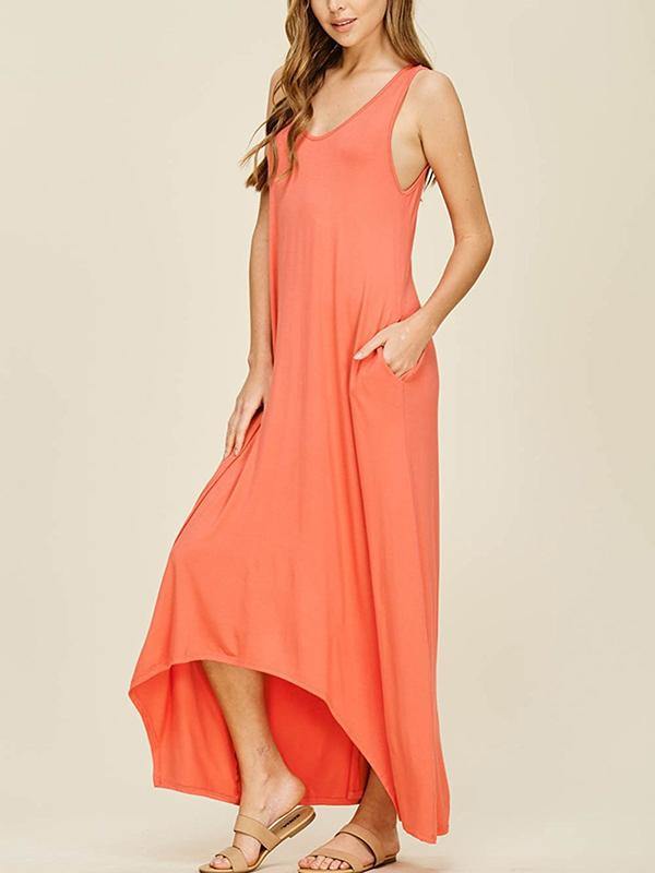 Women's Sleeveless Maxi Dress Casual Pockets Soft Jumper Skirt Solid Beach Dress - CHALIER