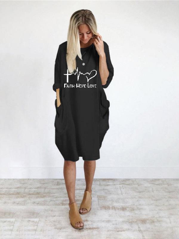 Women's Casual Cotton Letter Prints Tee "FAITH HOPE LOVE" Dress Loose Midi Dress Plus Size - CHALIER