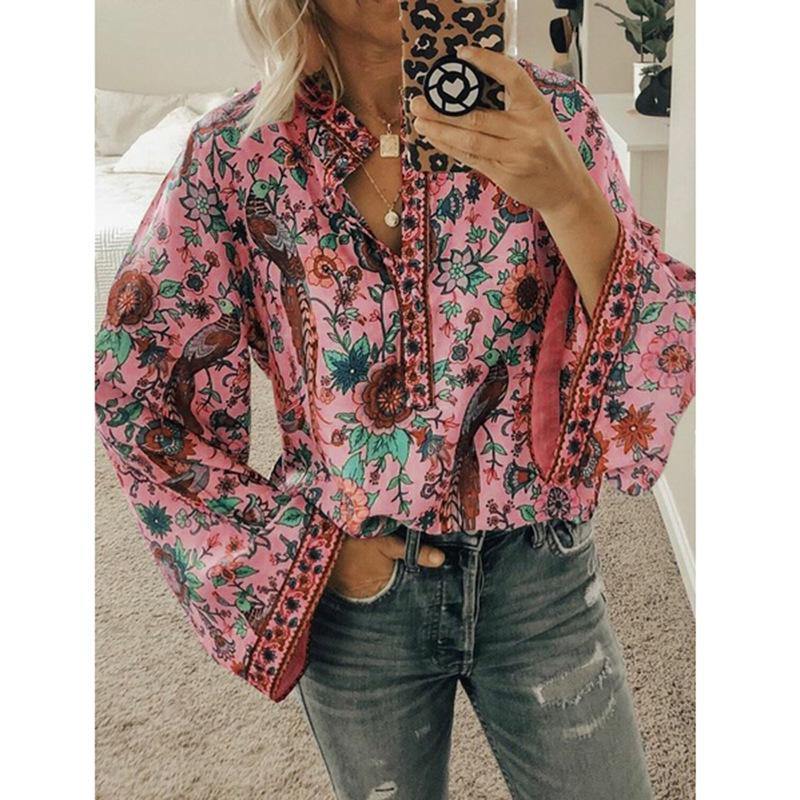 Women Floral Printed Long Sleeve Blouse - CHALIER