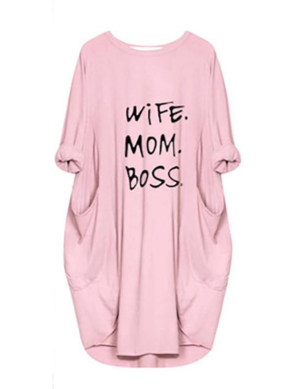 Women's Casual Cotton Letter Prints Loose Tee Dress Pocket Midi Dress Plus Size - CHALIER