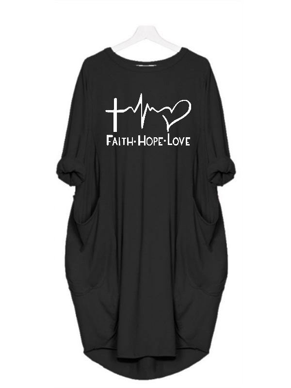 Women's Casual Cotton Letter Prints Tee "FAITH HOPE LOVE" Dress Loose Midi Dress Plus Size - CHALIER