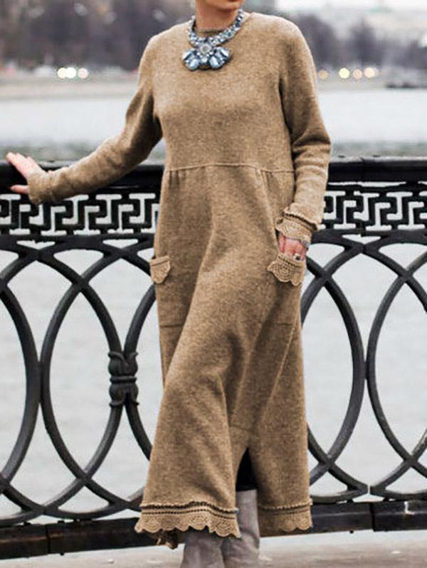 Women's Casual Loose Long Sleeve Plain Maxi Dress Plus Size - CHALIER