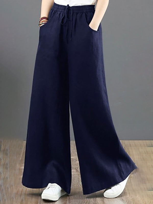 Women's Cotton Linen Wide Leg Pants Casual Plus Size High Waist Straight Trousers