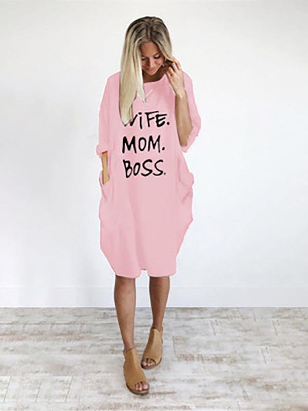 Women's Casual Cotton Letter Prints Loose Tee Dress Pocket Midi Dress Plus Size - CHALIER
