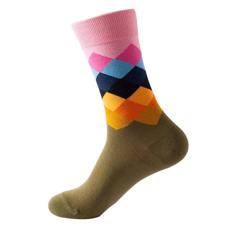 Women Cotton Crew Color Diamond Pattern Fashion Socks - CHALIER