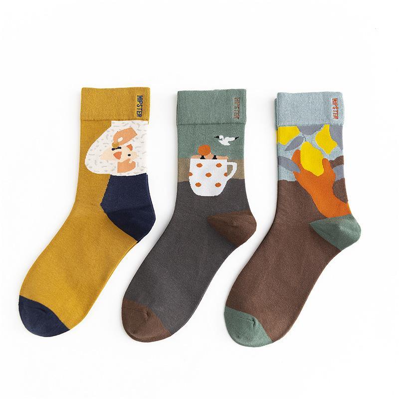 Unisex Painting Style Men Socks Cotton Harajuku Colorful Full Socks Couple Funny Casual Cotton Socks 3 Pairs - CHALIER