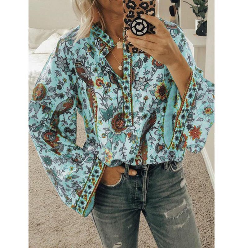 Women Floral Printed Long Sleeve Blouse - CHALIER