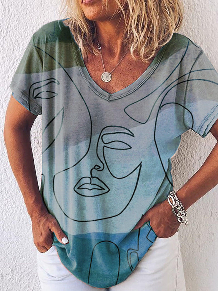 Women Abstract Printed Loose Casual T-Shirt