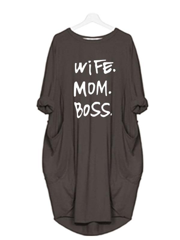 Women's Casual Cotton Letter Prints Loose Tee Dress Pocket Midi Dress Plus Size - CHALIER