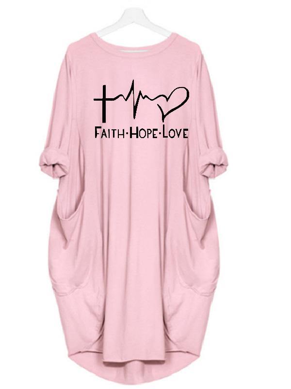 Women's Casual Cotton Letter Prints Tee "FAITH HOPE LOVE" Dress Loose Midi Dress Plus Size - CHALIER