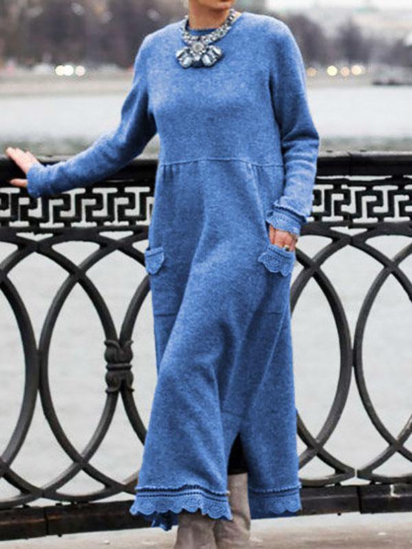 Women's Casual Loose Long Sleeve Plain Maxi Dress Plus Size - CHALIER