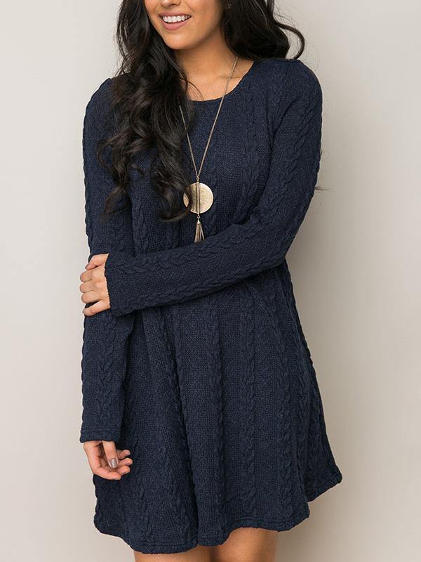 Women's Knitted Mini Dress Long-sleeve A-line Loose Casual Sweater Dress Plus Size - CHALIER
