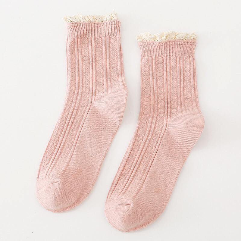 Women's Vintage Dress Socks Ruffle Frilly Cute Rayon Lace Trim Socks - CHALIER