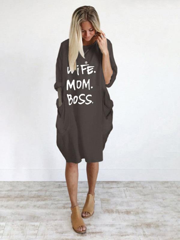 Women's Casual Cotton Letter Prints Loose Tee Dress Pocket Midi Dress Plus Size - CHALIER