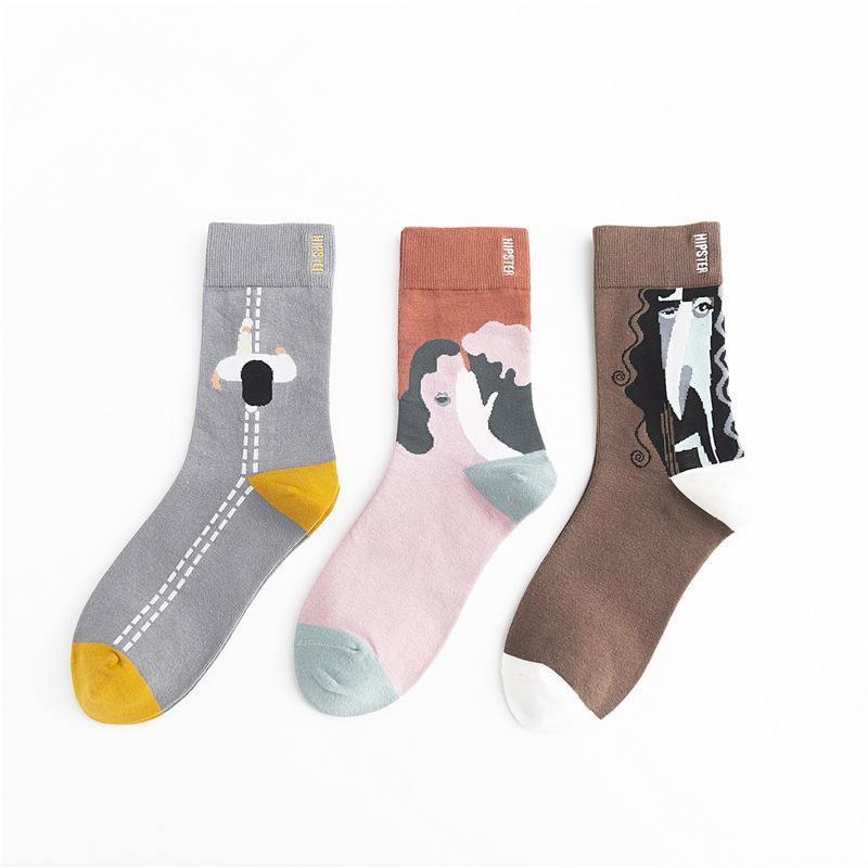 Unisex Painting Style Men Socks Cotton Harajuku Colorful Full Socks Couple Funny Casual Cotton Socks 3 Pairs - CHALIER