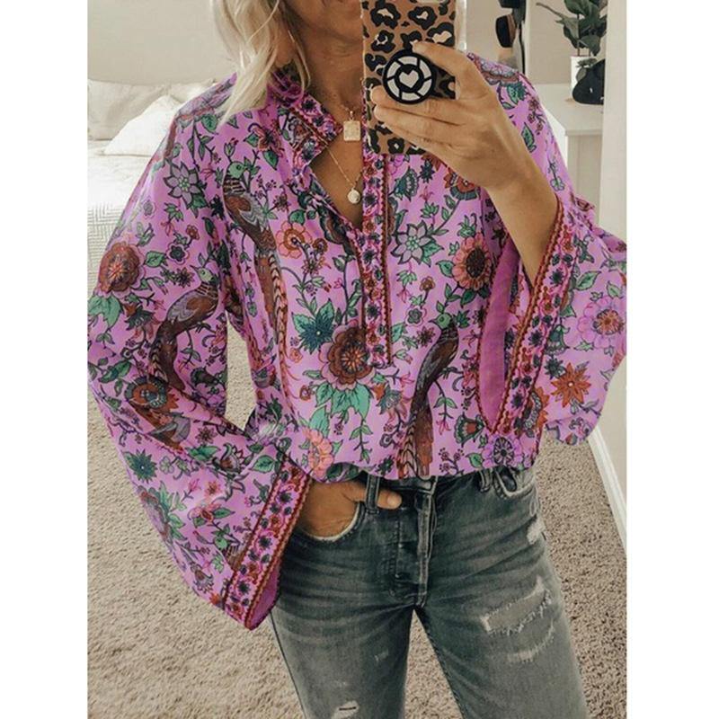 Women Floral Printed Long Sleeve Blouse - CHALIER