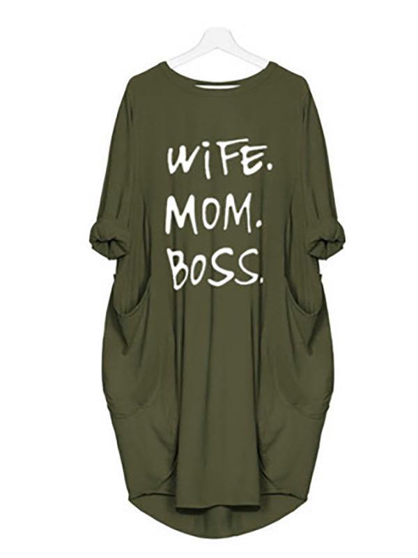 Women's Casual Cotton Letter Prints Loose Tee Dress Pocket Midi Dress Plus Size - CHALIER