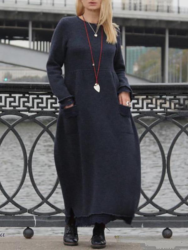 Women's Casual Loose Long Sleeve Plain Maxi Dress Plus Size - CHALIER