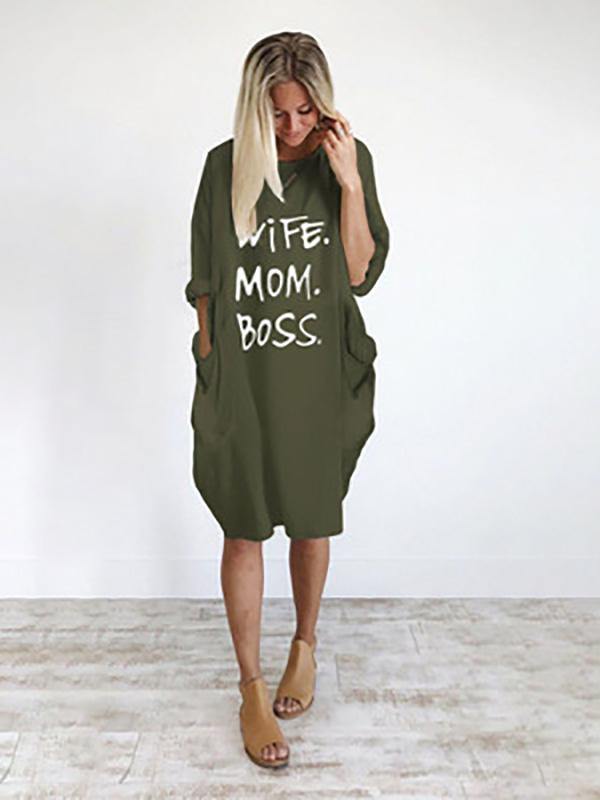 Women's Casual Cotton Letter Prints Loose Tee Dress Pocket Midi Dress Plus Size - CHALIER