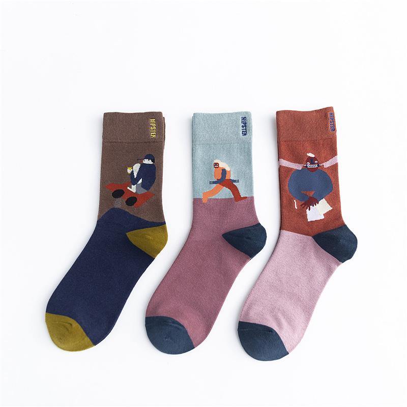 Unisex Painting Style Men Socks Cotton Harajuku Colorful Full Socks Couple Funny Casual Cotton Socks 3 Pairs - CHALIER