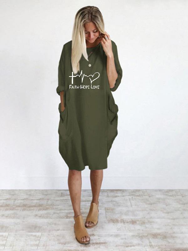 Women's Casual Cotton Letter Prints Tee "FAITH HOPE LOVE" Dress Loose Midi Dress Plus Size - CHALIER
