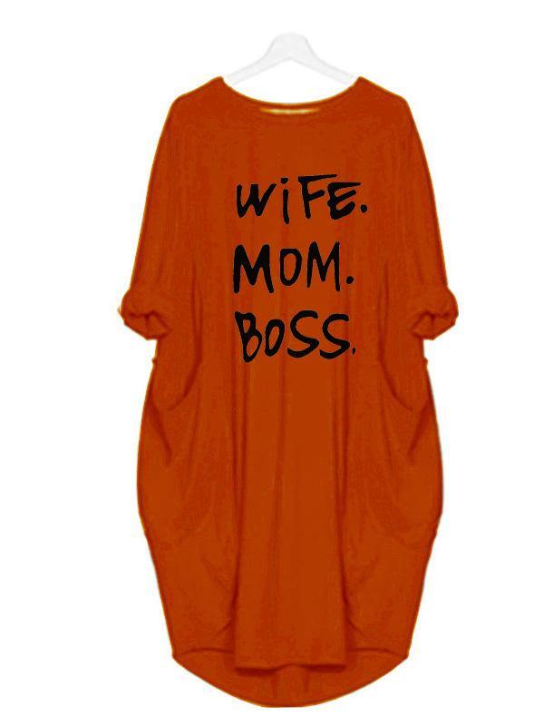 Women's Casual Cotton Letter Prints Loose Tee Dress Pocket Midi Dress Plus Size - CHALIER