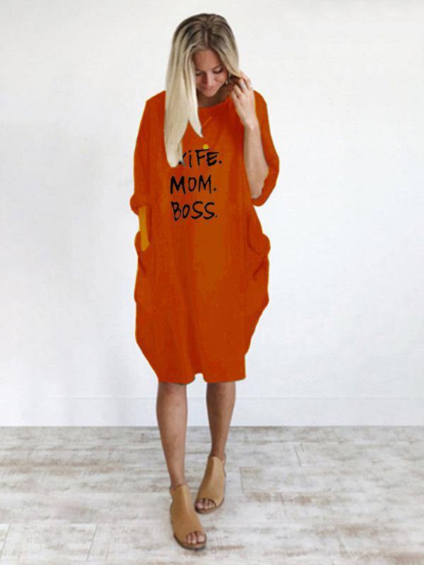 Women's Casual Cotton Letter Prints Loose Tee Dress Pocket Midi Dress Plus Size - CHALIER