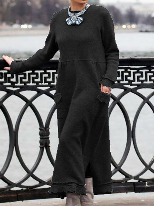 Women's Casual Loose Long Sleeve Plain Maxi Dress Plus Size - CHALIER