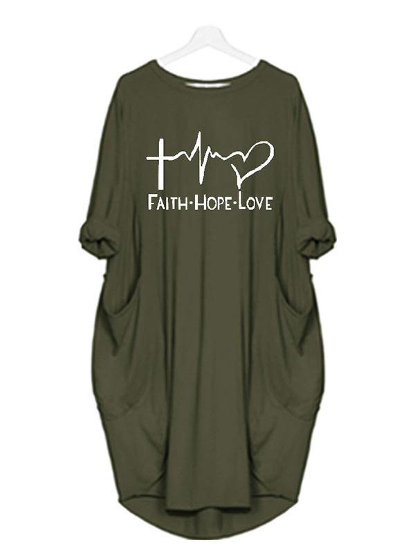 Women's Casual Cotton Letter Prints Tee "FAITH HOPE LOVE" Dress Loose Midi Dress Plus Size - CHALIER