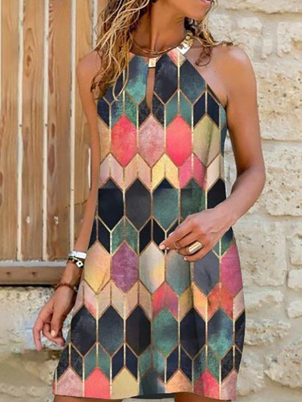 Floral Printed Sleeveless Halter Mini Dress Holiday with Metal Necklace - CHALIER