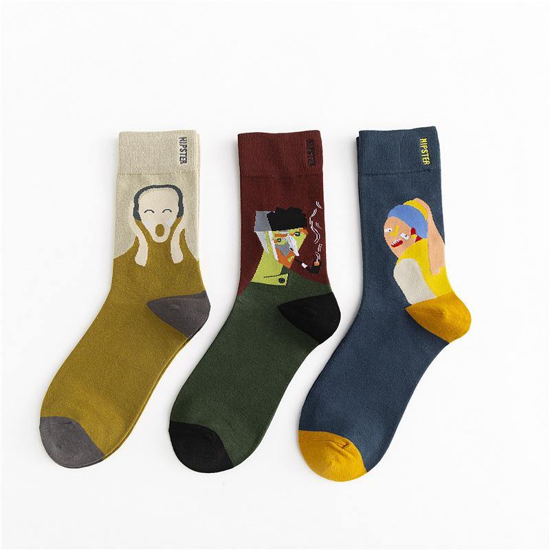 Unisex Painting Style Men Socks Cotton Harajuku Colorful Full Socks Couple Funny Casual Cotton Socks 3 Pairs - CHALIER