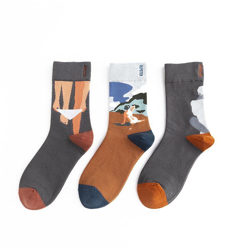 Unisex Painting Style Men Socks Cotton Harajuku Colorful Full Socks Couple Funny Casual Cotton Socks 3 Pairs - CHALIER