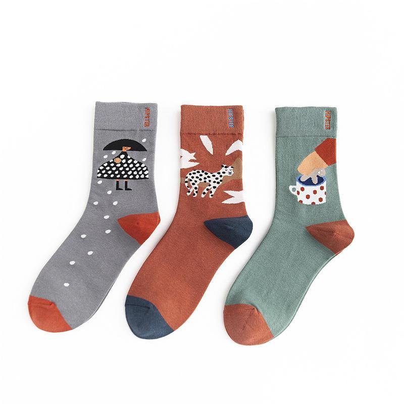 Unisex Painting Style Men Socks Cotton Harajuku Colorful Full Socks Couple Funny Casual Cotton Socks 3 Pairs - CHALIER