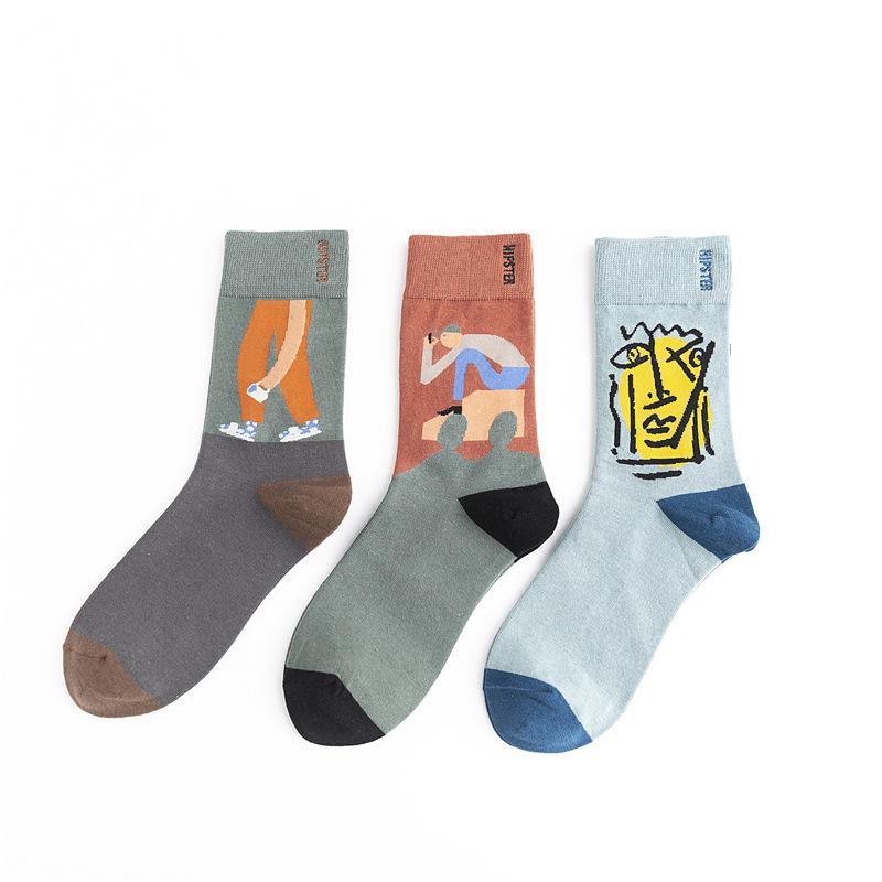 Unisex Painting Style Men Socks Cotton Harajuku Colorful Full Socks Couple Funny Casual Cotton Socks 3 Pairs - CHALIER