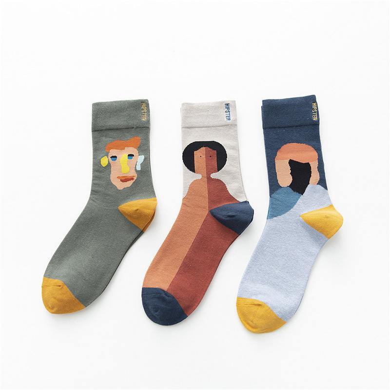 Unisex Painting Style Men Socks Cotton Harajuku Colorful Full Socks Couple Funny Casual Cotton Socks 3 Pairs - CHALIER
