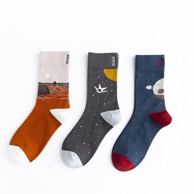 Unisex Painting Style Men Socks Cotton Harajuku Colorful Full Socks Couple Funny Casual Cotton Socks 3 Pairs - CHALIER