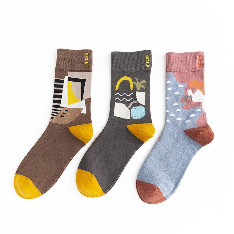 Unisex Painting Style Men Socks Cotton Harajuku Colorful Full Socks Couple Funny Casual Cotton Socks 3 Pairs - CHALIER