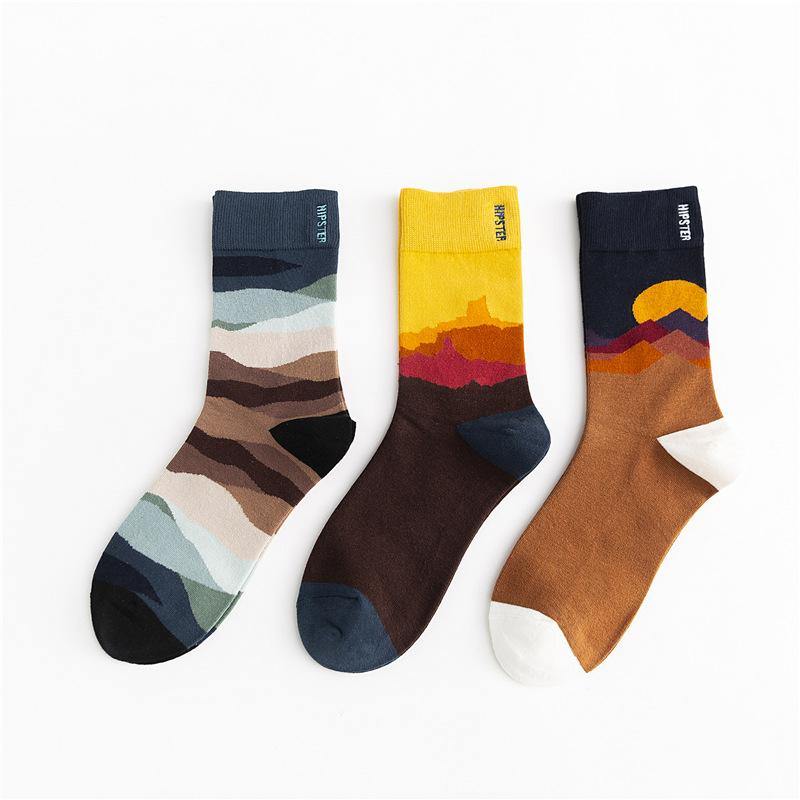Unisex Painting Style Men Socks Cotton Harajuku Colorful Full Socks Couple Funny Casual Cotton Socks 3 Pairs - CHALIER